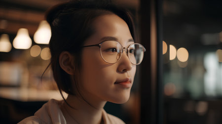 Portrait of a young asian woman in eyeglasses looking awayの素材