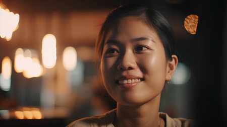 Portrait of young asian woman smiling at camera in cafe.の素材