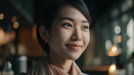 Portrait of a beautiful young asian woman smiling in a cafeの素材
