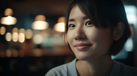 Portrait of a young asian woman smiling in the coffee shopの素材
