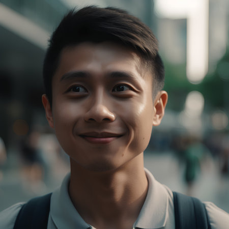 Portrait of a young asian man smiling in the city.の素材