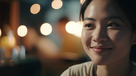 Portrait of a young asian woman smiling in a cafe.の素材