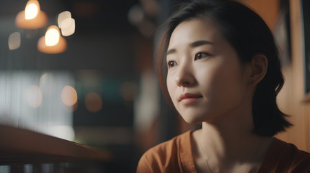 Portrait of beautiful asian woman in coffee shop, stock photoの素材