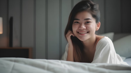 Beautiful asian woman wake up and smile on bed in bedroomの素材