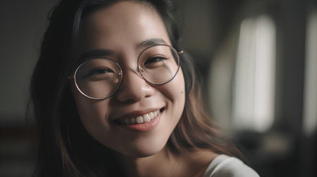 Portrait of a beautiful asian woman with eyeglasses smilingの素材