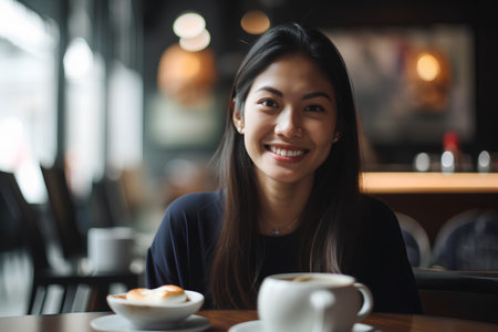 Young beautiful asian woman smiling and having coffee in a cafe.の素材