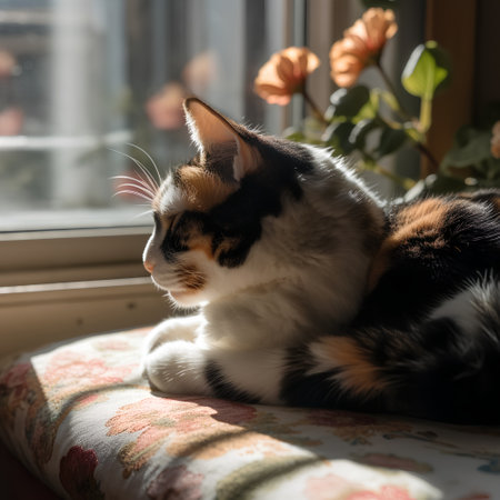 Beautiful multicolored cat lying on the windowsill and relaxingの素材