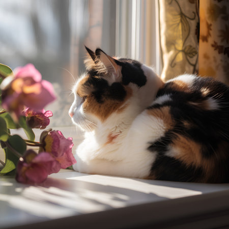 Beautiful tricolor cat lying on the windowsill with flowersの素材