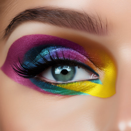 Close-up of beautiful female eye with rainbow make-up and lgbt flag.の素材