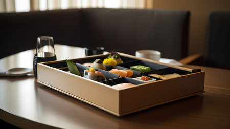 Sushi set in a wooden box on a table in a restaurantの素材