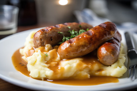 Grilled sausages with mashed potatoes on a white plate.の素材