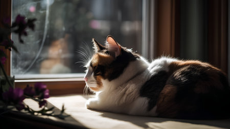 Beautiful tricolor cat lying on the windowsill and looking out the windowの素材