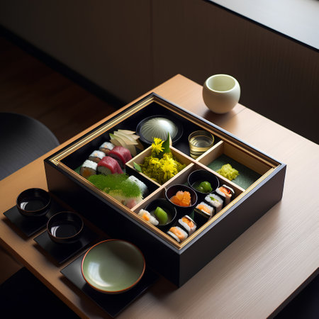 Sushi set in a wooden box, Japanese cuisine, close upの素材