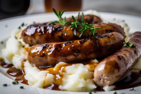 Grilled sausages with mashed potatoes and gravy on a plateの素材