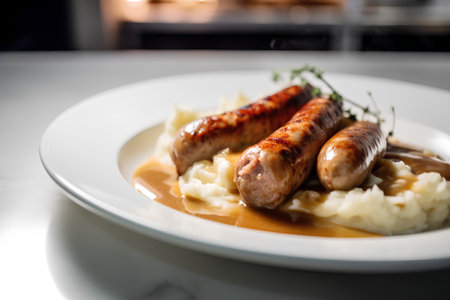 Grilled sausages with mashed potatoes and gravy on white plateの素材