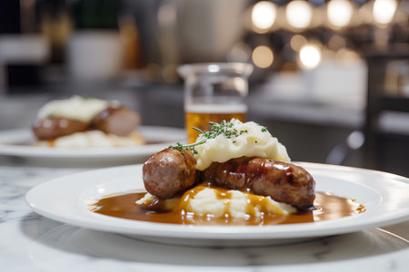 Grilled sausages with mashed potatoes and gravy on white plateの素材