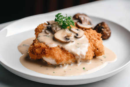 Fried pork cutlet with mushroom sauce on a white plate.の素材