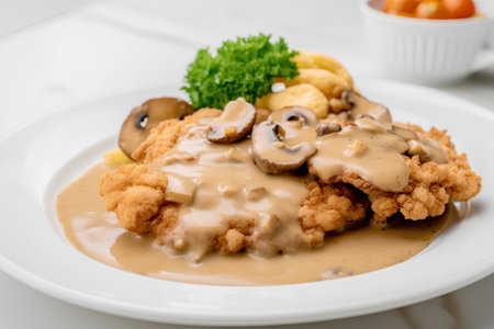 fried pork cutlet with mushroom sauce in white plate - Japanese food styleの素材