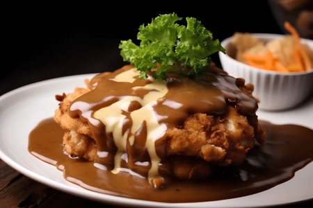 Schnitzel with Chocolate Sauce on wooden background. Selective focus.の素材