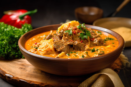 Traditional Indian curry with beef and spices on wooden background. Selective focus.の素材