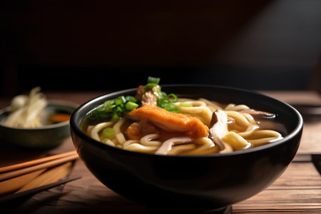 chicken noodle soup in black bowl with chopsticks on wooden tableの素材