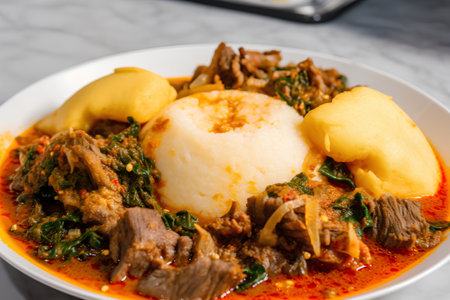 Braised beef with potatoes and spinach in a bowl on a tableの素材
