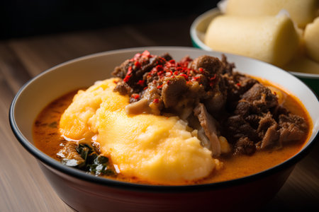Mashed potatoes with beef in a bowl on a wooden table.の素材