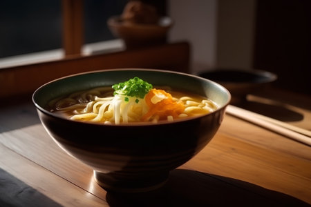 japanese ramen noodle in a bowl on wooden tableの素材