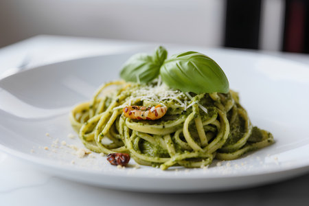 Spaghetti with pesto sauce, parmesan cheese and nutsの素材