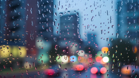rain drops on glass with city light bokeh background, shallow DOFの素材