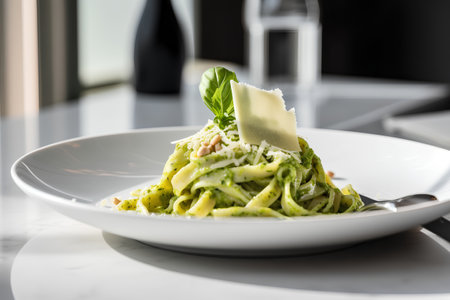 Pasta with pesto sauce and parmesan cheese on a white plateの素材