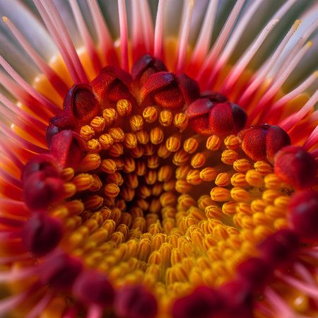 Macro of the centre of a red and yellow protea flowerの素材