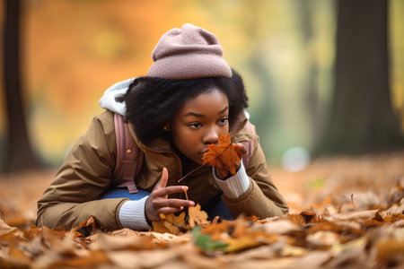 Beautiful african american girl with autumn leaves in the parkの素材