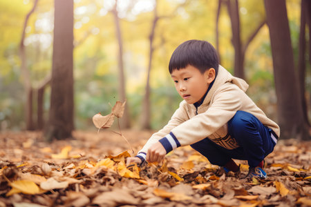 Little boy playing with autumn leaves in the park. Autumn concept.の素材