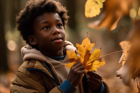 African american boy in the autumn park with yellow maple leaf.の素材