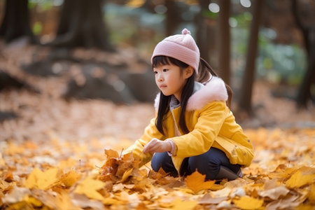 cute asian girl in autumn park (shallow DOF; color toned image)の素材