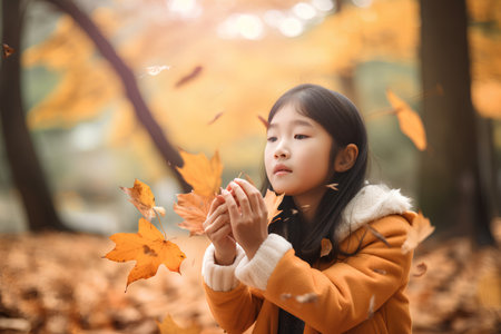Portrait of a cute little girl playing with autumn leaves in the parkの素材