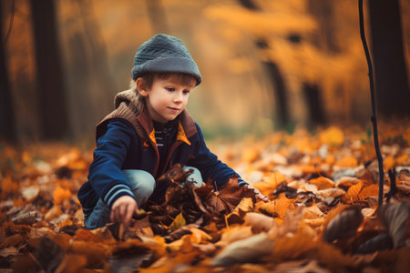 Adorable little boy playing with autumn leaves in the park. Autumn activities for kidsの素材