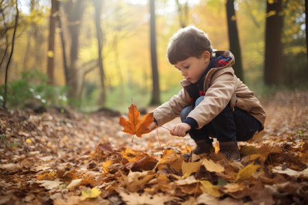 Cute little boy playing with autumn leaves in the autumn forest.の素材