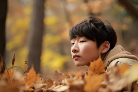 Portrait of a boy in the autumn park. Selective focus.の素材