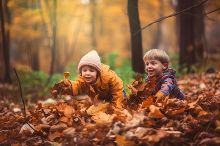 Little boy and girl playing with autumn leaves in the forest. Happy childhoodの素材