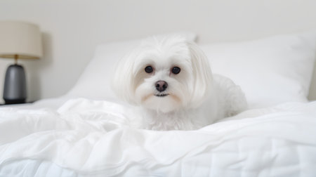 Cute Maltese dog lying on the bed with white sheets.の素材