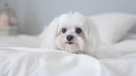 Cute Maltese dog lying on bed at home, closeupの素材