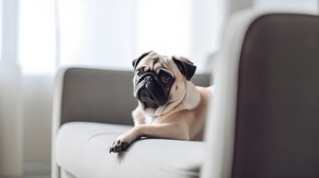 Cute pug dog sitting on a sofa at home and looking at camera