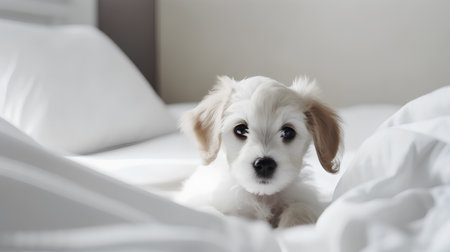 Cute little dog laying on white bedding and looking at cameraの素材