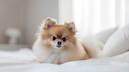 Cute Pomeranian dog lying on the bed at home.の素材