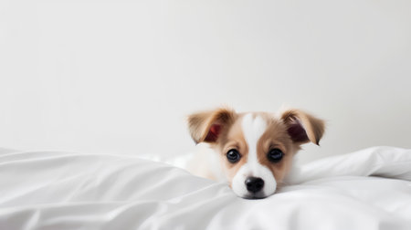Cute puppy on white bed. Empty space for your text.の素材