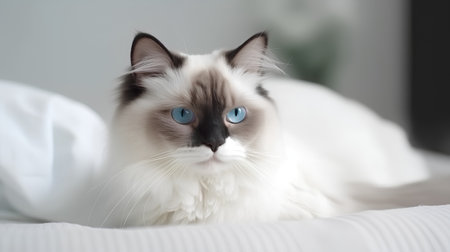 Ragdoll cat with blue eyes lying on the bed.の素材