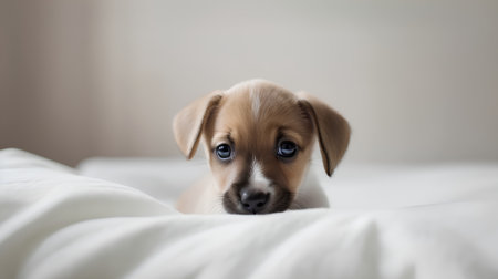 Cute puppy lying on the bed. Puppy with blue eyes.の素材