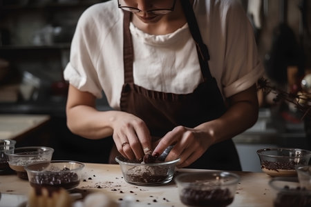 Young woman in apron kneading dough for cookies in kitchenの素材